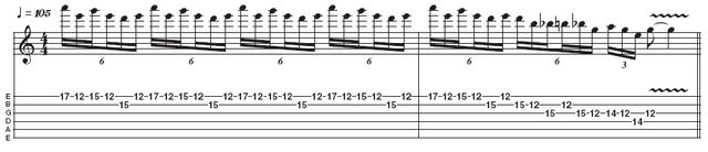 Example 6: Stretchy pentatonic lick v2. The sextuplet groupings here are similar to those found in example 2, so if you've nailed that, this final example shouldn't prove too tricky. This lick is often used by Hammett and is very effective at high tempos. Shred on!